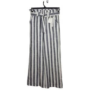 INDERO Pants Womens Medium Blue Striped Linen‎ Blend Paperbag Belted Wide Leg